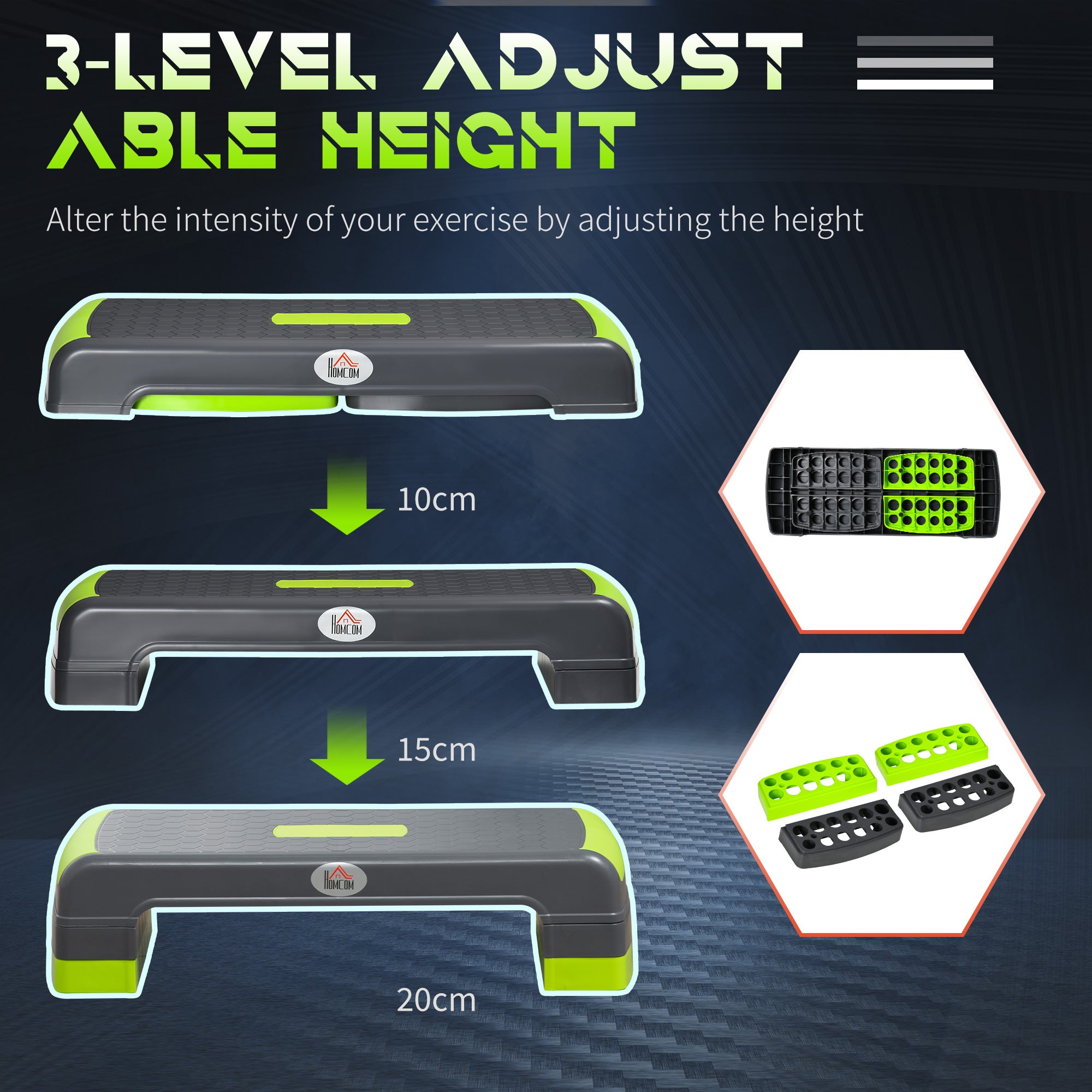 Aerobic Step With 3-Level Adjustable Heights For Home, Office Exercise, Grey And Green